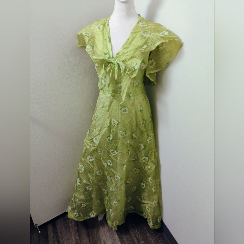 Vintage 1970s does 1930s Old Hollywood Glam Green Floral Maxi Dress - Picture 1 of 5